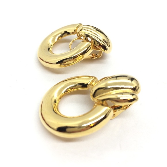 VINTAGE 80S DOOR KNOCKER CLIP ON HOOP EARRINGS GOLD TONE RUNWAY - Picture 8 of 12